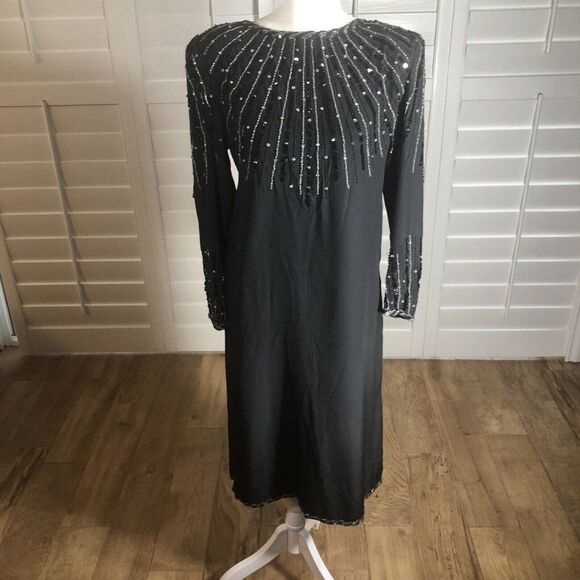 Vtg 80s Oleg Cassini Black Silk Beaded Cocktail Dress 8 Modest Holiday - Picture 2 of 12